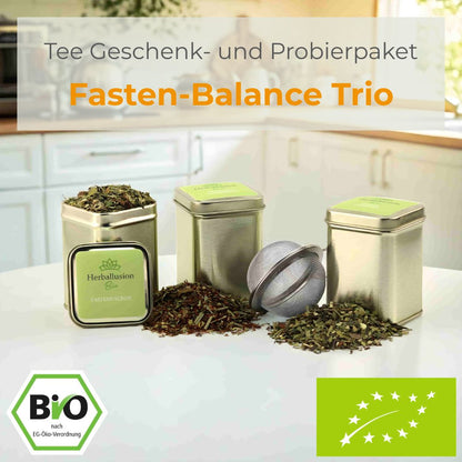 Drei nachhaltige Mini-Teedosen mit losem Bio-Tee stehen auf einer Küchentheke; eine Dose ist geöffnet und zeigt den Tee, vor den anderen liegt der lose Tee zusammen mit einem Edelstahlsieb – im Hintergrund ist eine moderne Küche zu sehen. 