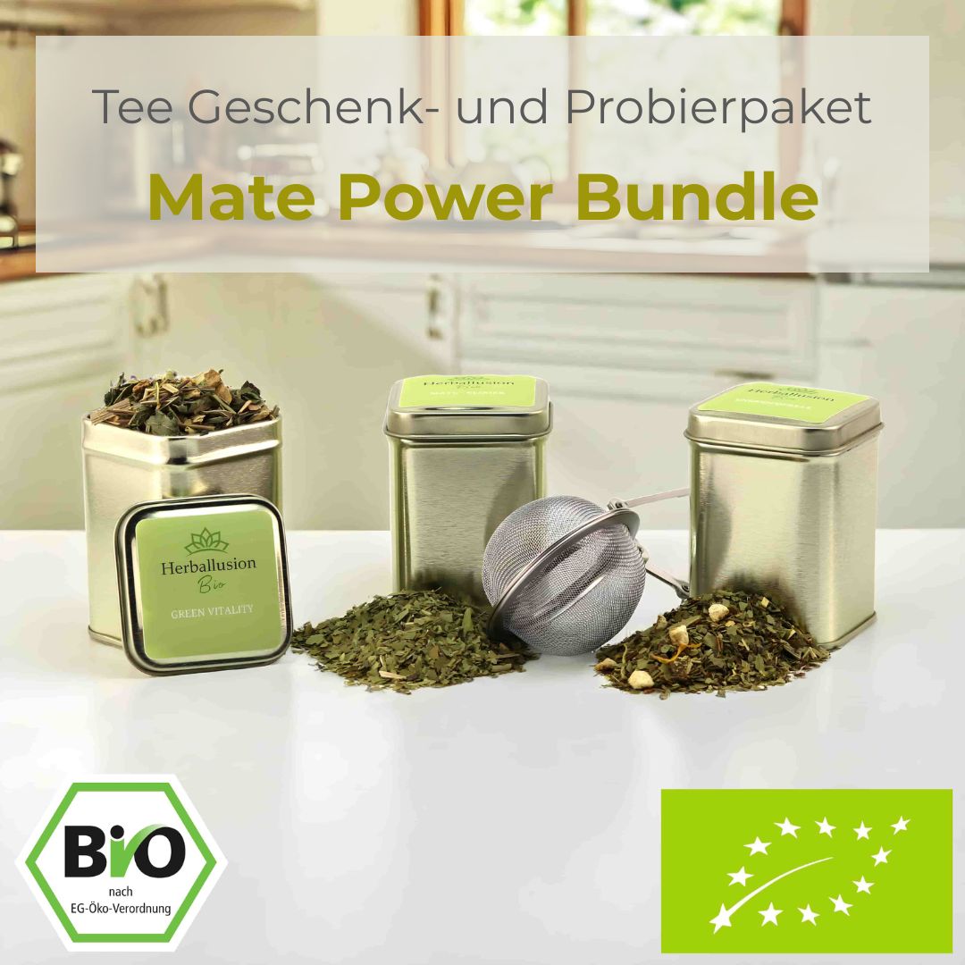 Drei nachhaltige Mini-Teedosen mit losem Bio-Mate-Tee stehen auf einer Küchentheke; eine Dose ist geöffnet und zeigt den Tee, vor den anderen liegt der lose Tee zusammen mit einem Edelstahlsieb – im Hintergrund ist eine moderne Küche zu sehen.